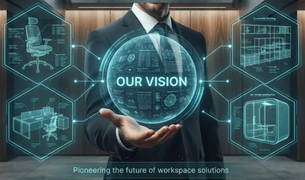 Illustration: a businessman holding a glowing globe labelled 'Our Vision', surrounded by sketches of an office chair, workstation, storage unit and meeting pod