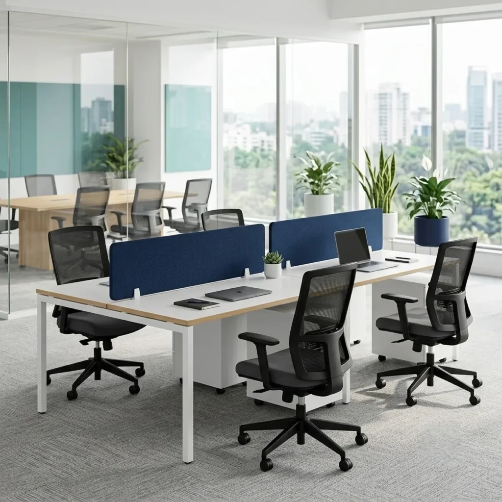 Modern ergonomic office workstation with mesh chairs by Neeotech, Bengaluru