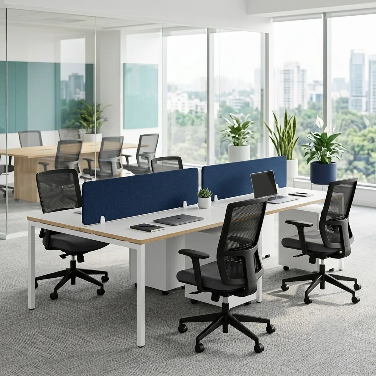 Modern ergonomic office workstation with mesh chairs by Neeotech, Bengaluru